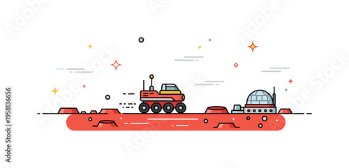 Mars transportation scene featuring a small rover driving across a simplified red landscape with tiny craters and a dome base visible in the background. The