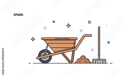 Rustic garden wheelbarrow wooden style wheelbarrow resting beside a small pile of soil and a garden rake. Spark icons highlight calm outdoor work and rural
