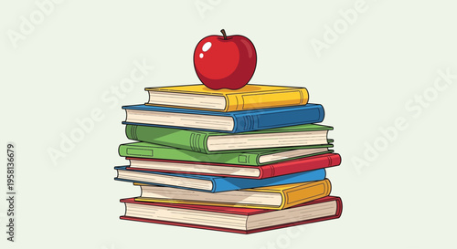 Stack of Books with Red Apple.