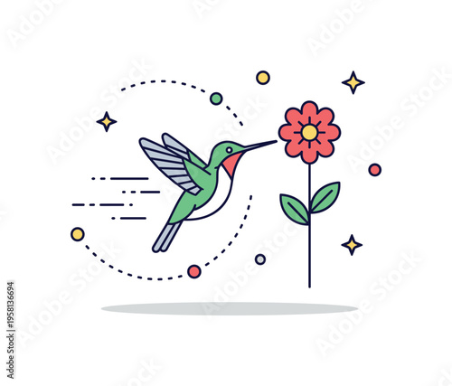 Hummingbird energy tiny hummingbird hovering near a bright flower with dotted motion path around it. A lively visual metaphor for speed, focus, and delicate