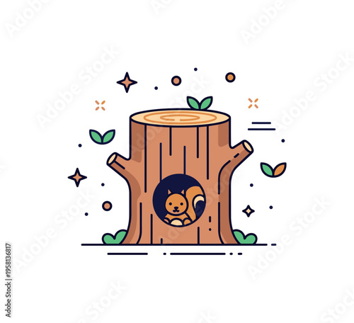 Tree hollow squirrel home concept centered on a stylized tree trunk with a small round opening and a squirrel peeking out, symbolizing shelter and woodland