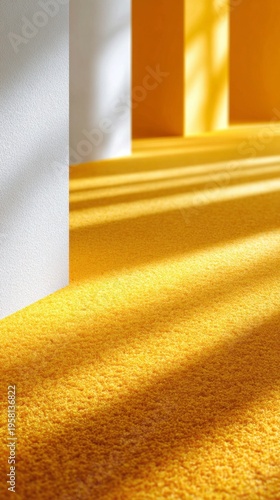 A cozy room features vibrant yellow carpet underfoot, with bright white walls contrasting beautifully. Sunlight streams in, casting soft shadows that dance across the floor.