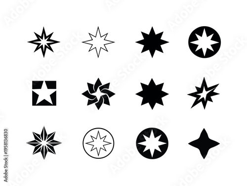 The. Icon set. Set Logo of The: centered star symbol. harmonious logo variations of the same emblematic concept, each with different artistic interpretation