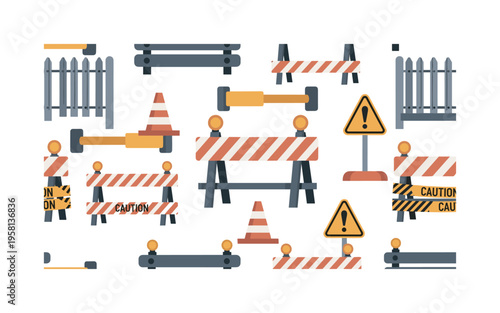 construction barrier seamless pattern, temporary fences, barricades, cones, connectors, signs and tape arranged in a repeating pattern, white background with