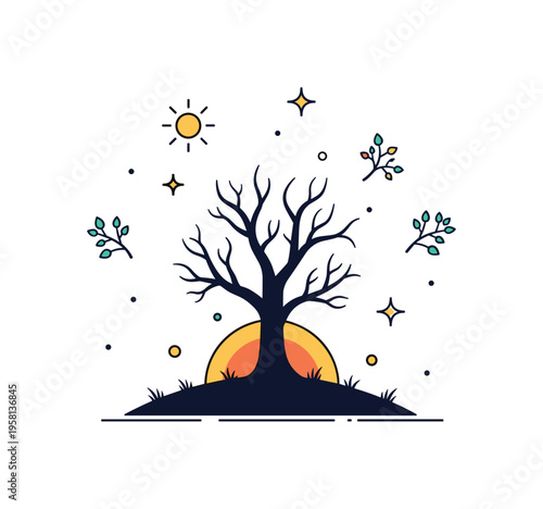 Barren tree dead tree silhouette on a hill at sunset representing isolation, contemplation, and stark natural beauty. Decorative stars and tiny sun and branch