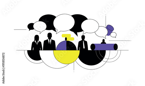 Black and white speech bubbles overlapping above simplified office worker silhouettes, bold semicircles and cylinders symbolizing dialogue and