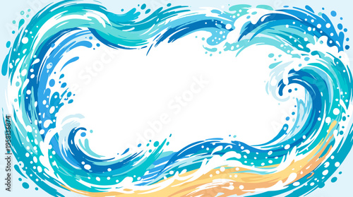 A vibrant, abstract illustration of swirling ocean waves and a sandy beach forming a decorative border around a blank white space.