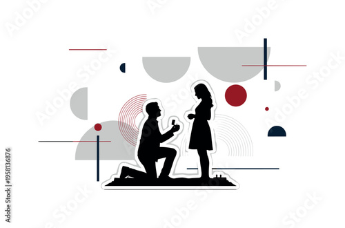 black and white couple silhouette against simple landscape during picnic proposal moment, white cut-out outline around the figures, geometric semicircles and