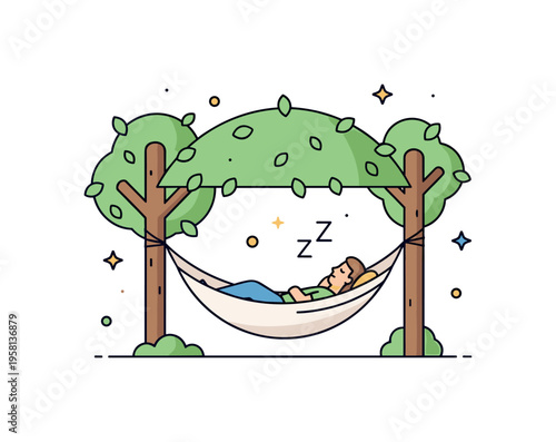 Hammock afternoon rest with a simple fabric hammock stretched between two small trees while a person naps peacefully beneath a canopy of leaves. The serene