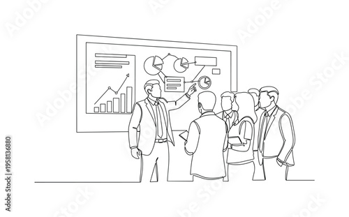 Executive Marketing Guidance. Minimalistic one-line drawing manager giving directions to team using board or charts, continuous single black line on white