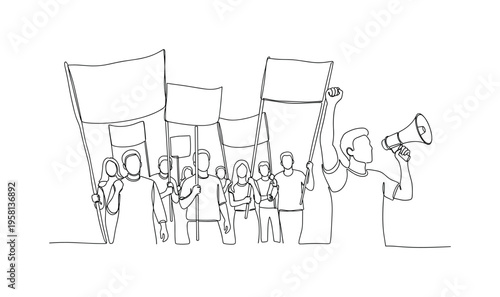 Social Justice Campaign. Minimalistic one-line drawing group holding banners and megaphone representing community advocacy for social justice, continuous