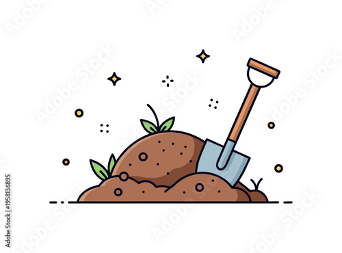 Garden soil mound a small rounded pile of earth with a shovel planted beside it while tiny grass sprouts and soil dots suggest fresh outdoor gardening work.