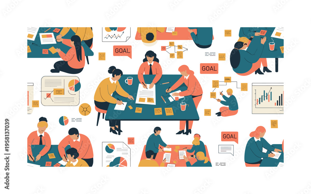 Naklejka premium corporate planning sessions seamless pattern, people collaborating around tables, writing notes, charts, diagrams, sticky notes and goal icons arranged in a