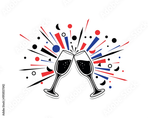 black-and-white champagne glass clinking with another glass as the main object, abstract circular confetti and geometric semicircles radiating outward like