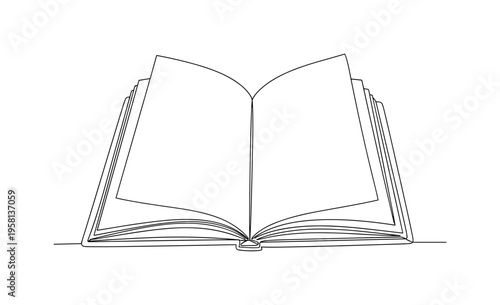 Blank Pages. Minimalistic one-line drawing close-up of open sketchbook with visible blank pages, continuous single black line on white background, simple