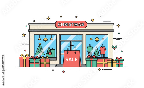 Holiday shopping in a bustling mall cheerful storefront with large display windows, decorated gift boxes and a central shopping bag marked Sale. A lively