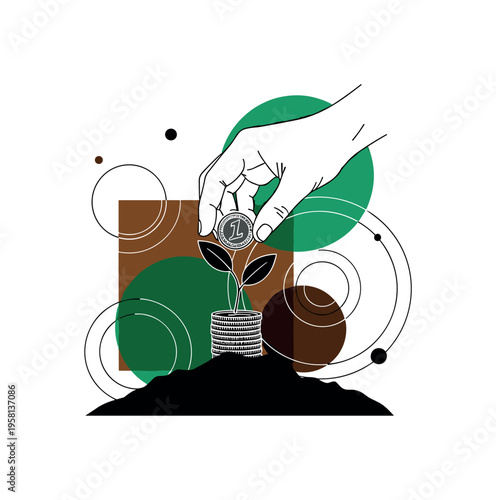 human hand planting coin seed in soil abstract circles lines and geometric shapes representing long term ethical investment black and white retro hand coin and