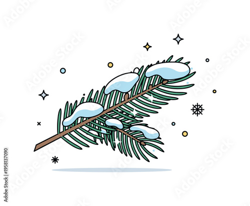 Winter pine branch illustrated with snow resting on soft needle shapes and subtle sparkle accents to convey cold season atmosphere and festive calm. The