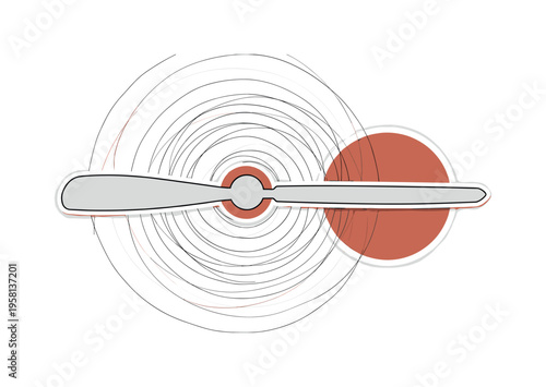 A monochrome ceiling fan blade aligned horizontally across the composition, airflow visualized as concentric geometric circles expanding outward, bold flat