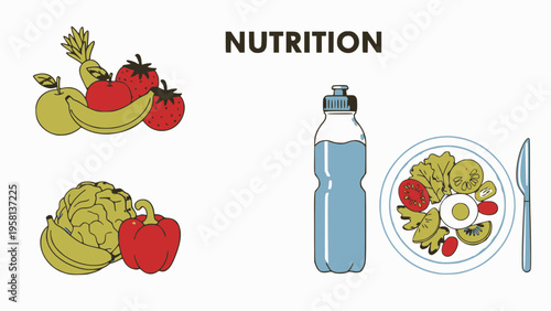 Assorted fruits and plated salad represent.