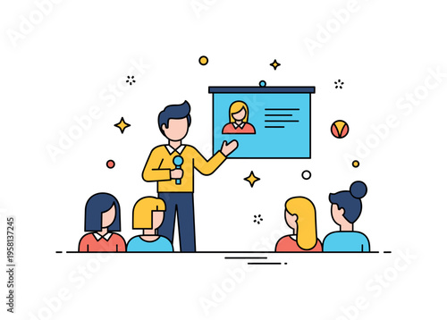 Public speaking exercise with a person presenting confidently to a small group, conveying clarity, persuasion, and self-assured expression. Minimalist flat