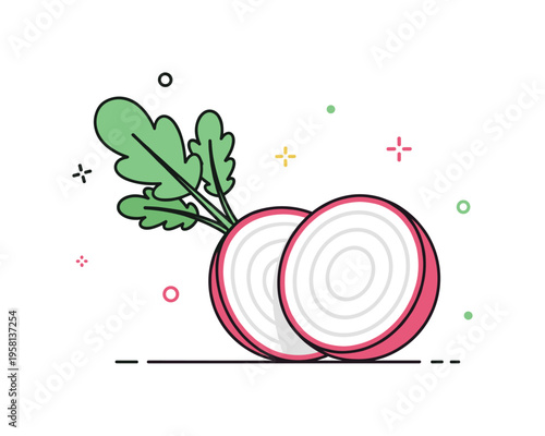 Radish slice cross section half cut radish revealing a clean white interior with subtle circular texture lines and leafy top beside it. A concise visual