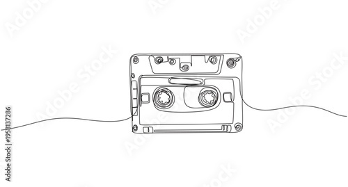 Continuous Line Drawing of a Retro Cassette Tape,One continuous line drawing of audio cassette tape. Minimalist concept of retro and nostalgic music and mixtape for web banner in simple linear style,