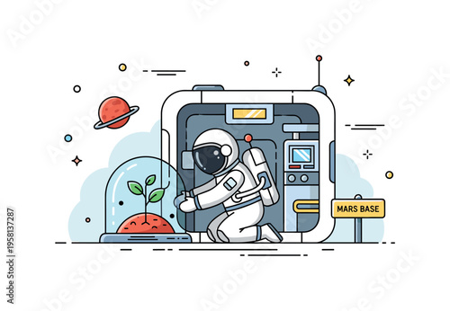 Living on Mars daily life inside a small futuristic habitat where an astronaut tends to a tiny green plant growing under a glass dome. The calm scene reflects
