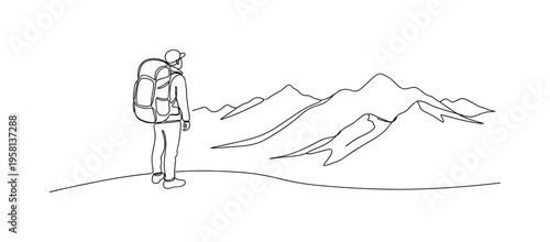 Backpacker Watching Mountains. Minimalistic one-line drawing hiker with large backpack looking toward distant mountain peaks, continuous single black line on