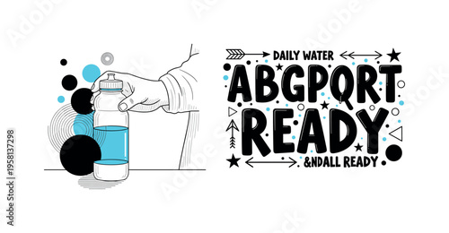 person placing hydration bottle on desk abstract circles lines and geometric shapes representing daily water consumption black and white retro human hand and