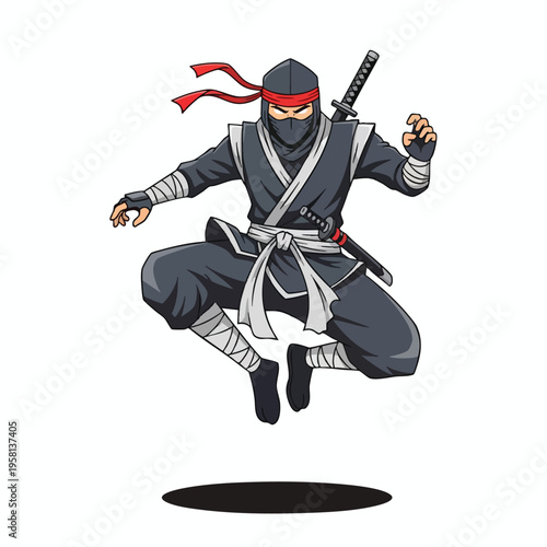 A stealthy ninja in a dynamic leap, ready for combat