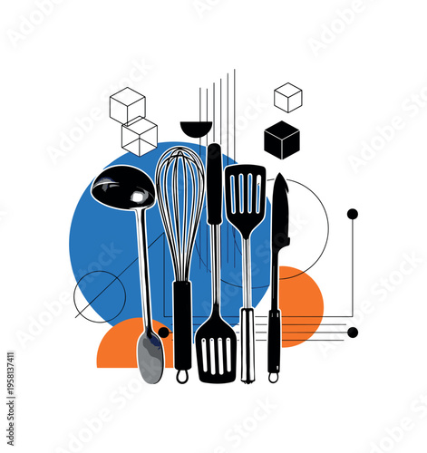 collection of vintage kitchen utensils including whisk ladle and spatula arranged vertically, black and white cut-out objects with white contour outline, bold