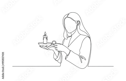 Hand-Held Candle Holder. Minimalistic one-line drawing person holding a small candle holder with candle, continuous single black line on white background,