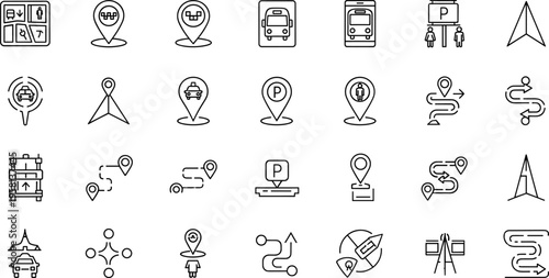 Transportation and location icons set with bus, parking, routes, GPS pins and navigation symbols outline vector illustration collection