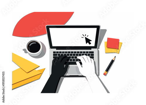 Overhead blogging workspace scene with black and white hands typing on a laptop, coffee cup casting minimal shadow, small sticky notes and pencil placed