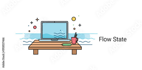 Coastal wellness workspace illustrated through a laptop placed on a simple wooden deck with subtle wave lines beyond. A gentle ?Flow State? caption