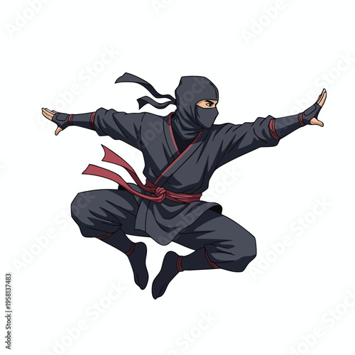 Dark suited figure in mid-air leap, masked face, arms outstretched, red sash