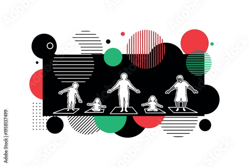 children and grandparents doing yoga on mats abstract circles lines and geometric shapes representing group practice and shared learning black and white retro