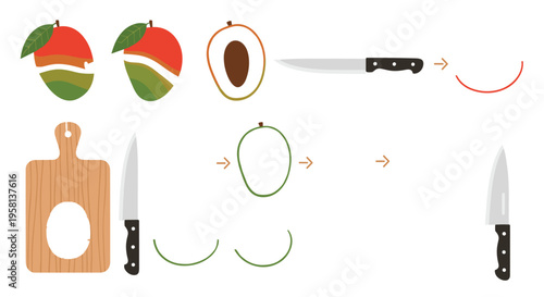 Mango cutting process illustration with knife, slices, seed and chopping board step by step fruit preparation vector set