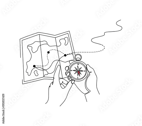 Wildlife Tracker With Map. Minimalistic one-line drawing tracker using map and compass to follow predator movements, continuous single black line on white