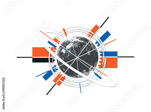 monochrome sun with textured surface as central celestial body, white cut-out outline with radiating circular rings and abstract linear rays, bold orange and