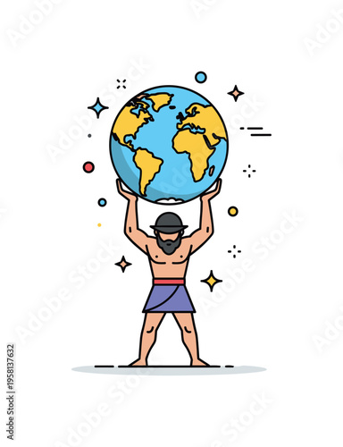 Atlas mythological titan heroic figure raising a spherical globe above his head as a symbol of cosmic responsibility and endurance. The composition evokes