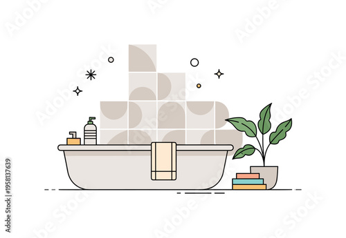 Scandinavian style bathroom tiles featuring soft neutral shapes arranged in a subtle repeating pattern behind a minimal plant accent. The composition conveys