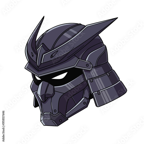 Close-up of a dark, menacing robotic samurai helmet with sharp horns and glowing eyes