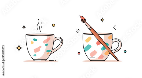 Hand painted mugs ceramic cup with delicate brushstroke patterns and a small paintbrush resting beside it, expressing creativity and artisanal charm. A warm