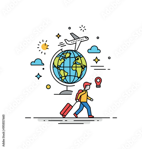 International travel moment showing a small traveler pulling a suitcase while a globe and airplane icon appear above. Dynamic scene symbolizing mobility,