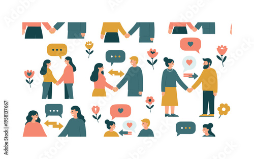 trust and vulnerability seamless pattern, couples holding hands, exchanging messages, hearts, flowers and speech bubbles arranged in a repeating pattern, white