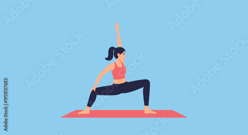 Woman Practicing Yoga Warrior Pose.