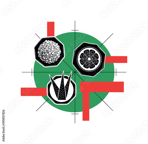 Black and white top view of natural ingredients arranged in geometric bowls (oats, lemon slice, aloe leaf silhouette), bold green circle anchoring