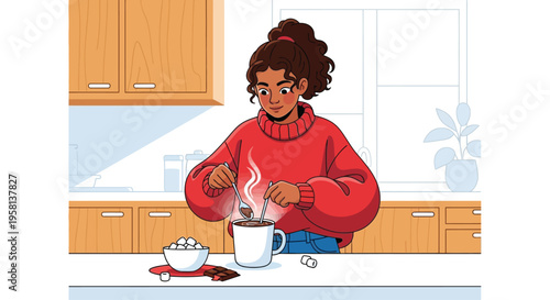 Woman Preparing Hot Beverage in Kitchen.
